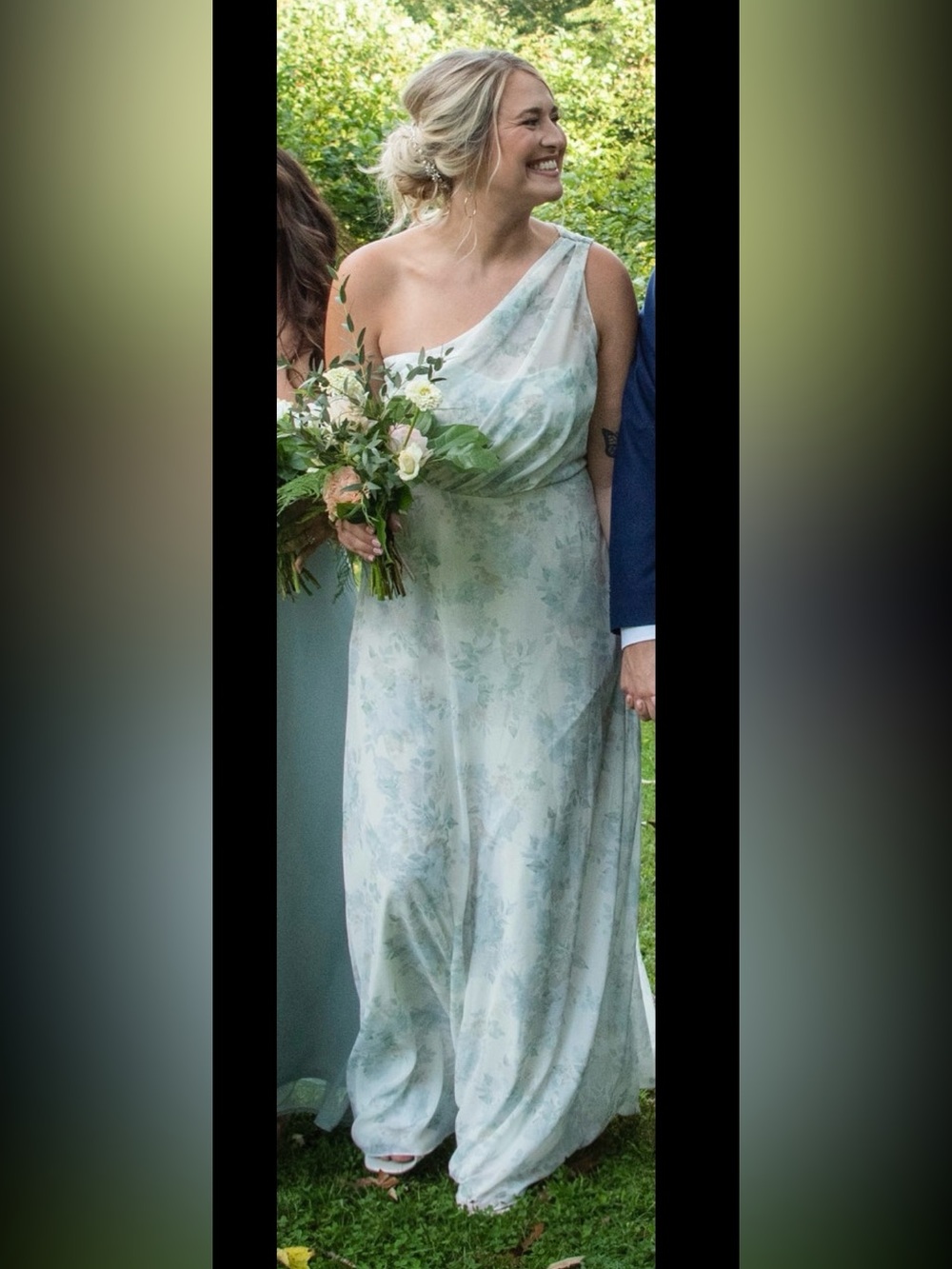 Birdy Grey One-Shoulder Pale Green Floral Chiffon Dress